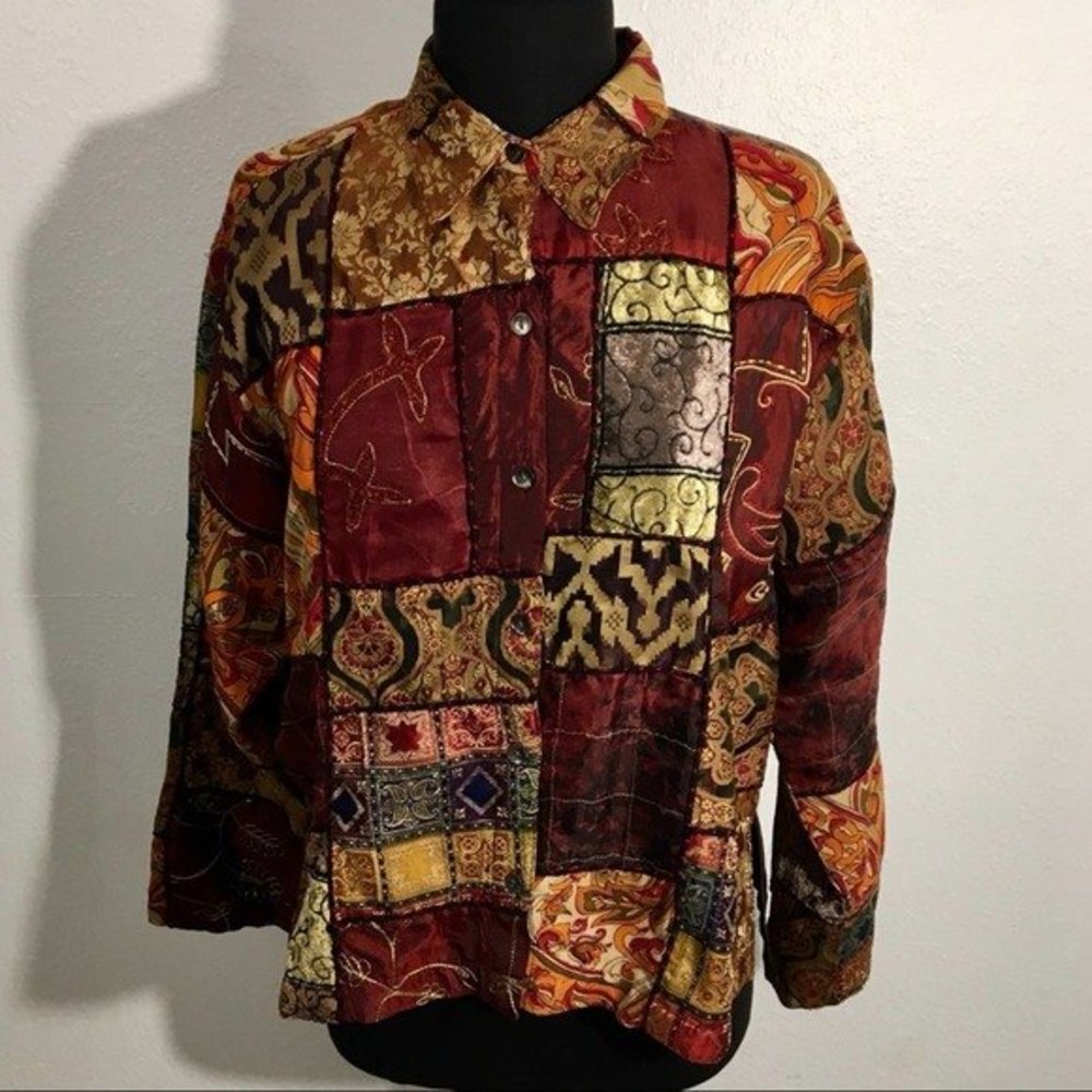 Chico’s Button Down Shirt Jacket Women's Medium Autumn Patchwork Fully Lined